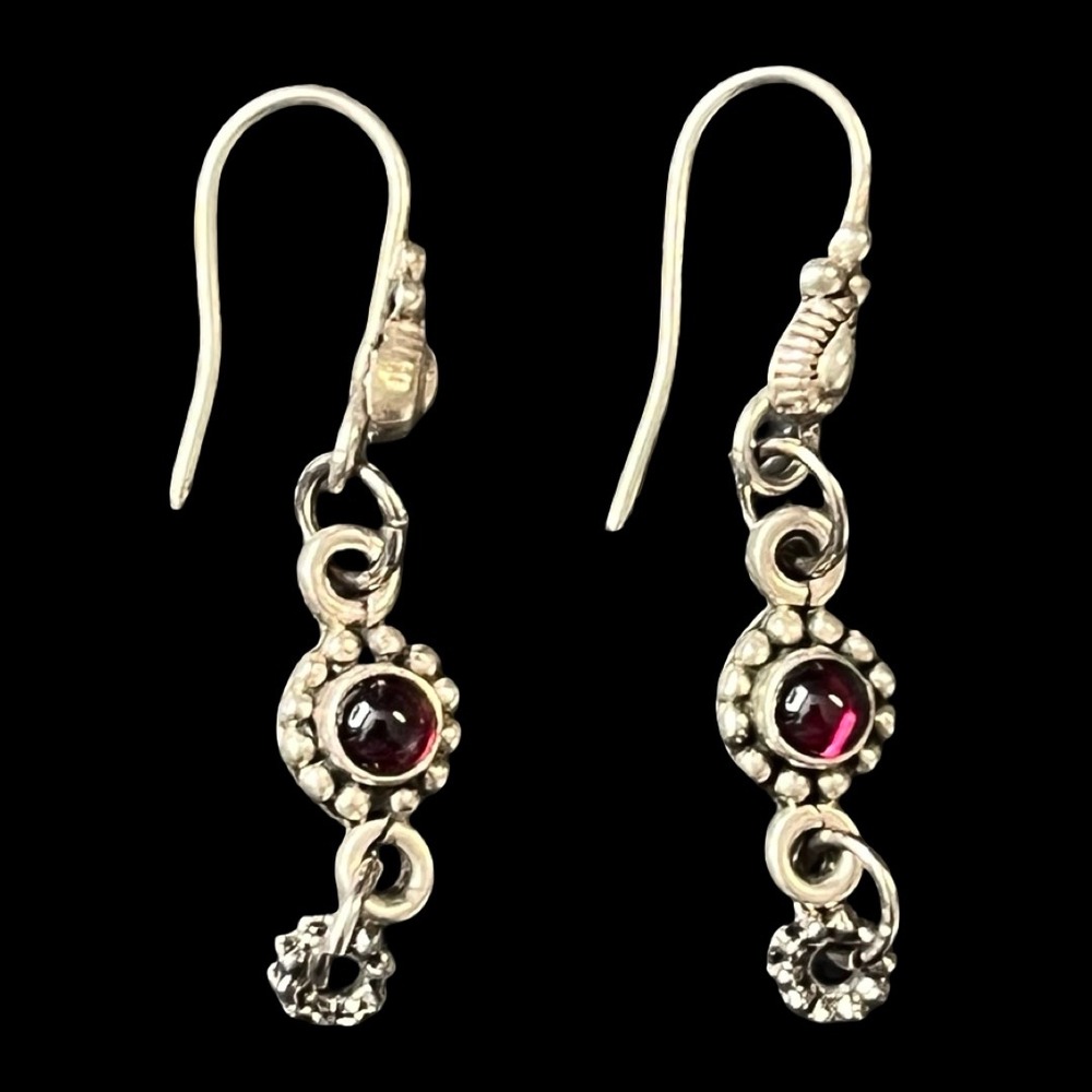 Vintage Sterling Silver Garnet‎ Dangle Earrings 925 Drop French Hook 1.35